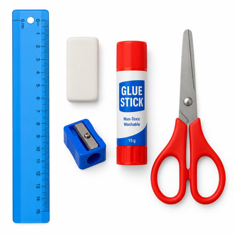 Kit Escolar Essencial: Régua, Borracha, Apontador, Cola e Tesoura