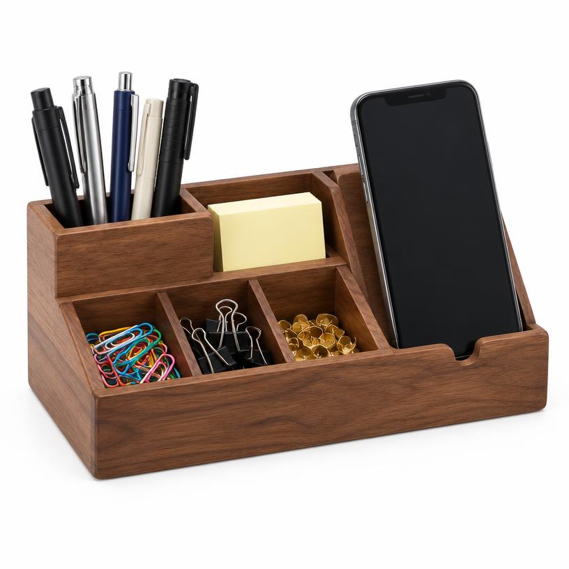 Organizador de Mesa em Madeira com Suporte para Celular